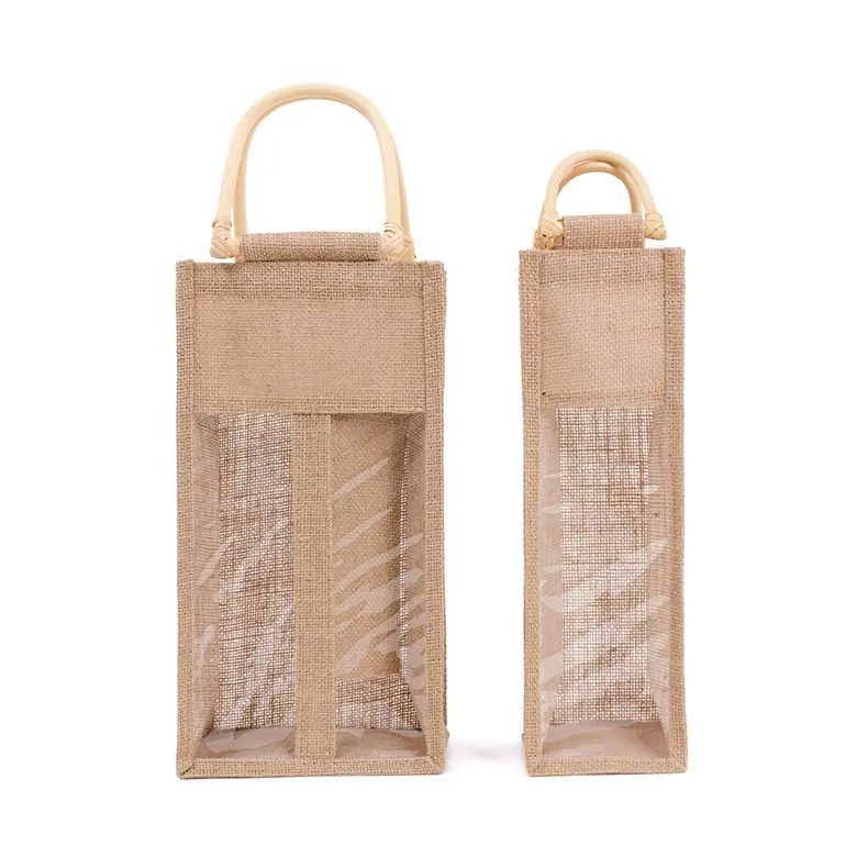 Özel Logo jüt çuval bezi çift şişe şarap hediye Tote yeniden kullanılabilir çanta ile dayanıklı yumuşak pamuk kolları