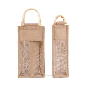 Custom Logo Jute Burlap Double Bottle Wine Gift Tote Reusable Bags With Durable Soft Cotton Handles