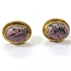 Pendientes de Rodonita natural de Plata de Ley 925 chapados en oro rosa ovalado cabujón tachuelas regalo de boda de moda Idea diamante perla - Product Image 1