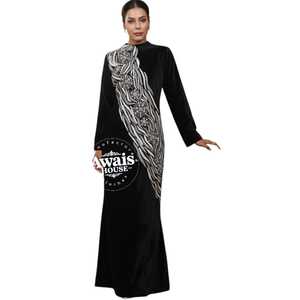 AWAIS HOUSE Luxurious Velvet Lightweight High Neck Long Sleeve Floor Length Flared Hem Hand Beaded <b>Plus</b> <b>Size</b> <b>Kaftan</b> Women Ethnic - Product Image 5