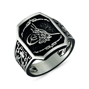 Anillo de hombre Beelo Silver de plata de ley 925 con ónix y tugra otomana, engaste de barra, patrón antiguo del Imperio Otomano, ¡el más vendido! - Product Image 5