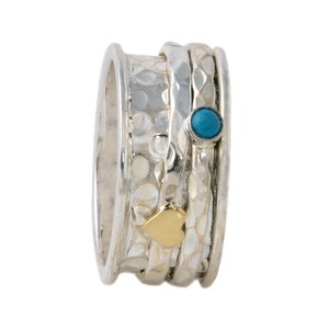 Anillos giratorios de banda ancha de joyería de dos tonos hechos a mano con incrustaciones de ajuste de bisel turquesa para bodas y aniversarios - Product Image 2