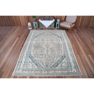 Tapis vintage 6,7x9,5 pieds, tapis turc, tapis géométrique beige en laine - Product Image 1