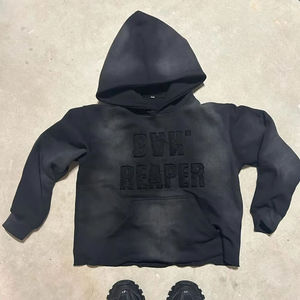 Custom Clothing Manufacturer's Acid Wash Distressed Embroidered Patch Flared Sweatpants Cropped Hoodie <b>Set</b> Winter Print - Product Image 2