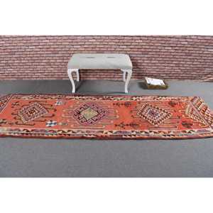 2.8x10 ft Vintage Rug, Turkish <b>Runner</b> Rug, <b>Red</b> Brown Persian Rug - Product Image 3