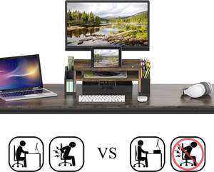 Soporte de escritorio para monitor con bandeja organizadora ajustable, organizador de carpetas de archivos de escritorio de madera marrón rústica, organizador de soporte clasificador - Product Image 3