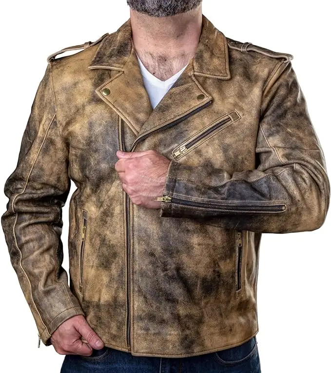 Özel erkek deri ceket doğal rustik işaretleri dana motosiklet klasik tarzı deri ceket 2024 standı yaka