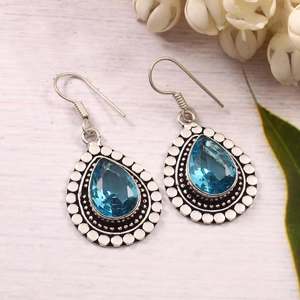 925 argent Sterling fait à la main 9x7mm larme naturel suisse bleu Quartz boucles d'oreilles pour les femmes Fine Boho Style bijoux pour elle - Product Image 2