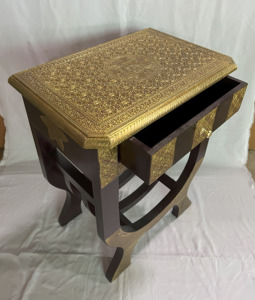 Traditional Wooden Nightstand With Gold Inlay Brass Fitted And Single Drawer Bedroom Furniture Decorative Side Table Nighstand - Product Image 5