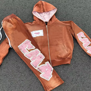 Custom Y2K Streetwear Tracksuit for Unisex Satin Lined <b>Zip</b> <b>Up</b> Hoodie and Vintage Wash Drawstring Sweatpants For Streetwear - Product Image 3