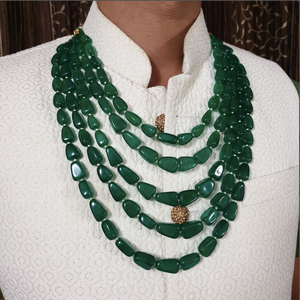 Collar de novio de piedra verde de cinco capas cuentas de perlas de ágata de cuarzo chapadas en oro étnico de moda para ocasiones religiosas de boda - Product Image 1