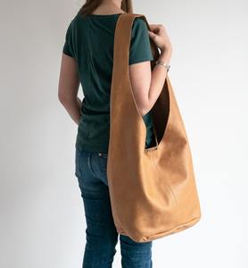 Yellow Leather <b>Large</b> <b>Crossbody</b> Hobo Purse LHB-0097 Oversized Boho Style with Open Closure Hippie <b>Bag</b> - Product Image 4