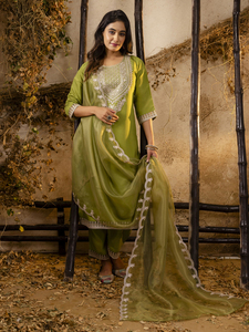 Elegant Indian Ethnic Wear Straight Kurti Pant Set with Embroidery and <b>Organza</b> Dupatta - Product Image 2