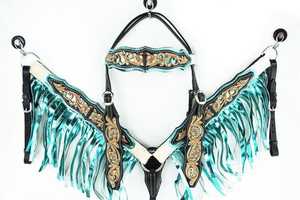 Conjunto de cabezada y pechera de cuero genuino premium azul personalizado con flecos 3D estilo western, duradero, ligero y con diseños de moda. - Product Image 3