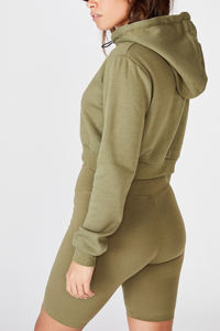 OEM personalizado mujer Crop Hoodie poliéster algodón liso chándal 2 piezas conjunto pulóver manga larga sudadera dobladillo con cordón Sudadera con capucha - Product Image 4