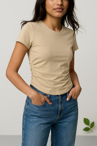 T-shirts à manches courtes à col rond 95% coton pour femmes décontracté coupe ajustée avec détails sur les côtés froncés Design d'été respirant - Product Image 6