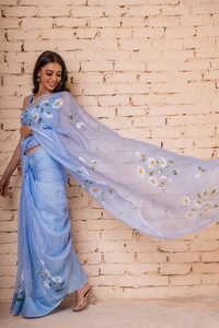 Saree doux Kota Doria peint à la main à fleurs de qualité supérieure avec chemisier en soie d'art disponible à la vente d'Inde - Product Image 5