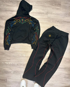 Ensemble survêtement d'hiver surdimensionné personnalisé avec surpiqûres contrastées pour homme, imprimé intégral avec passepoil, 100 % coton, léger, pantalon de survêtement et sweat à capuche - Product Image 1