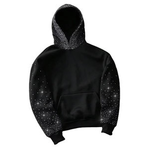 Ventes en gros de sweats à capuche sans couture avec strass, streetwear, coupe courte, ourlet brut, broderie déchirée, patchs en strass, sweats à capuche pour hommes - Product Image 4