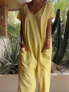 Mono de verano para mujer, cuello en V de color sólido, bolsillo de gran tamaño, pantalones de una pieza de gama baja 2025 - Product Image 3