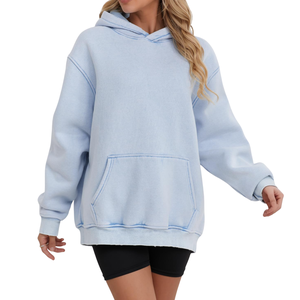 Sudadera con Capucha para Mujer, Hombros Caídos, Color Sólido, Felpa de Algodón, con Bolsillos, Corte Regular, Estilo Casual Urbano, Lavado Ácido - Product Image 3