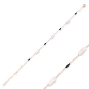 Pulsera de Cadena con Perlas de Agua Dulce y Esmalte Negro, Joyería Turca Hecha a Mano en Plata de Ley 925, Venta al Por Mayor - Product Image 6