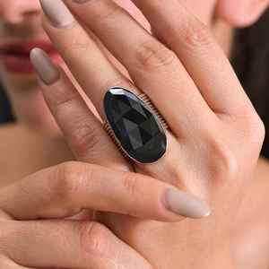 Bague Onyx noir audacieux en argent Sterling grand ovale 16x31mm pierre précieuse à facettes réglable déclaration bague de Cocktail pour les femmes - Product Image 1