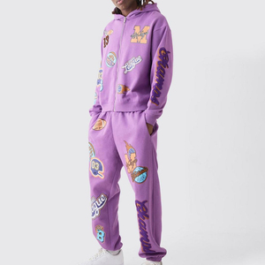 100% nouveau style coton personnalisé survêtements deux pièces surdimensionné hommes à capuche français éponge surdimensionné bouffée impression survêtement pour hommes - Product Image 1