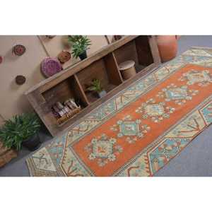 พรมตุรกีขนาด 3.9x9.3 ฟุต พรมวินเทจ ลายต้นไม้และพืชสีส้มน้ำเงิน พรมขนสัตว์ - Product Image 3