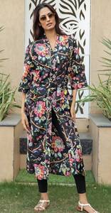 Traditional Hand Block Printed Cotton Kaftan for Women Bohemian Style <b>with</b> Lace and Button Decor <b>Sleeved</b> - Product Image 2