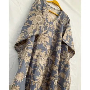 Vestido Kaftán de Algodón con Estampado Floral Gris para Mujer, Traje de Baño, Ropa de Playa - Product Image 2