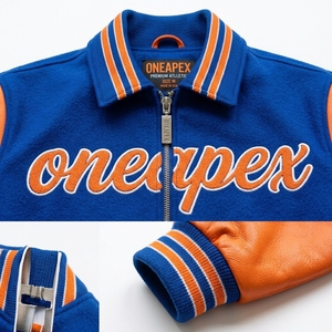 Chaqueta de lana azul real y naranja para hombre con cremallera, logotipo bordado personalizado, cuello y puños de punto acanalado, estilo urbano, fabricante mayorista - Product Image 4