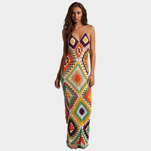 Handgemachtes gehäkeltes gestricktes Maxi kleid Frauen Sommer halfter rücken freies Strand kleid Sommerkleid Böhmisches mehrfarbiges Brautkleid - Product Image 1
