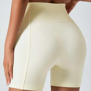 Pantalones cortos de yoga acanalados transpirables sin costuras de cintura alta para mujer, venta al por mayor, pantalones cortos deportivos para correr de Color sólido para mujer - Product Image 2