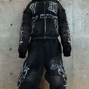 Conjunto Deportivo Holgado con Capucha y Cremallera Completa, Bolsillos Laterales, Estilo Vintage Desteñido, Estampado Gráfico, para Hombre - Product Image 2