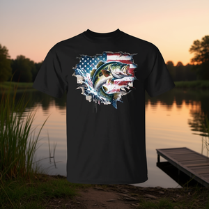 T-shirt de pêche au bar avec drapeau américain, T-shirt promotionnel avec drapeau américain pour les passionnés de pêche au bar - Product Image 3