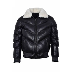 2024 nouvelle veste de fourrure en cuir de mouton personnalisée pour hommes véritable veste d'hiver en peau de mouton couleur noire bulle veste en cuir lettre - Product Image 1