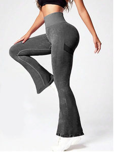 กางเกงโยคะวิ่งฟิตเนสเอวสูงไร้รอยต่อสำหรับผู้หญิงกางเกงขาบานแบบถักยืดหยุ่นมีลวดลายแข็ง - Product Image 2