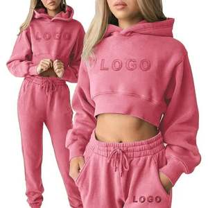 Conjunto de Sudadera con capucha para mujer de alta calidad, Top corto con estampado en relieve, venta al por mayor, diseño de logotipo personalizado para la temporada de invierno - Product Image 2