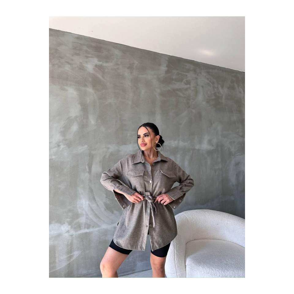 Women's Plaid Belted Gray Shirt