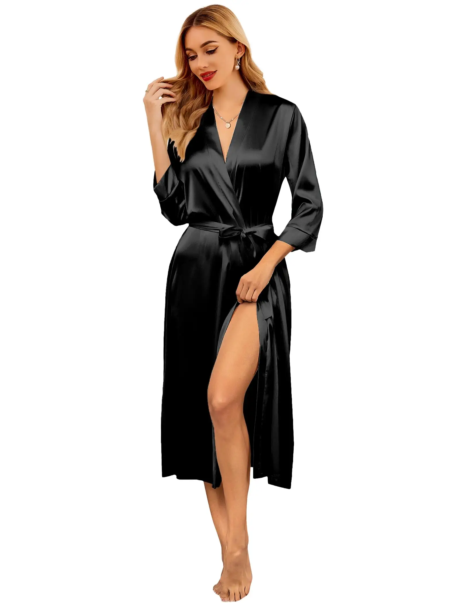 Dropshipping vêtements de nuit pour femmes Robes de soirée pour mariage Peignoir en satin Robe de chambre à volants avec poche