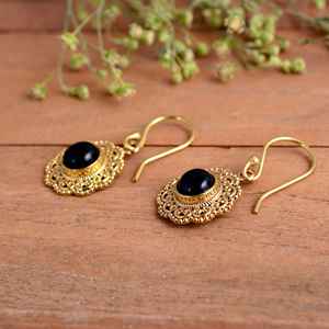 Pendientes Colgantes de Obsidiana Negra Hechos a Mano con Filigrana de Latón Chapado en Oro, Estilo Boho Hippie, Regalo para Fiestas, Venta al por Mayor, Moda - Product Image 3