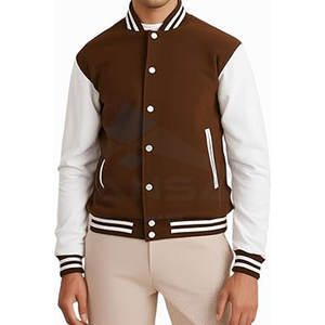 Chaqueta Universitaria Clásica para Hombre con Mangas de Cuero y Cuerpo de Mezcla de Lana, Ajuste Ajustable, Construcción Ligera y Cálida, Color Marrón - Product Image 2