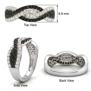 18K Solid White Gold Black and White Diamond Pavé Interwoven Multi-Band Crossover Ring with Premium Packaging for <b>Gift</b> - Product Image 4
