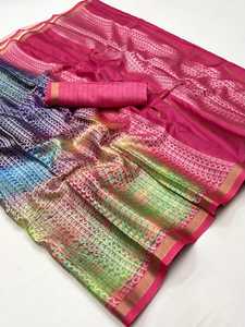Vêtements de fête de mariage de style indien pakistanais imprimé poly viscose saree en soie tissée à la main de concepteur - Product Image 3