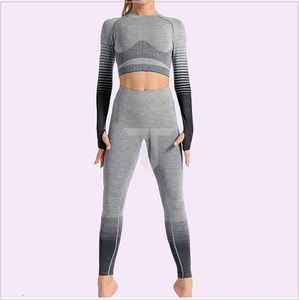 Ensemble de gymnastique d'entraînement 2 pièces pour femmes de haute qualité à manches longues soutien-gorge de sport de Yoga taille haute forme en V respirant XL Legging taille haute - Product Image 5