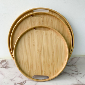 ถาดเสิร์ฟไม้ไผ่ทรงกลมมีหูจับ งานแฮนด์เมด ราคาขายส่ง ชุดถาดร้านอาหารทรงกลม - Product Image 5