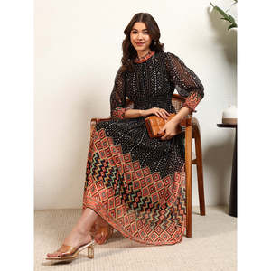 Deebaco Women's Boho Maxi <b>Dress</b> Bandhani Print Chiffon Lantern Sleeve High Neck Loose Fit Sheer Layer All Seasons Casual - Product Image 1