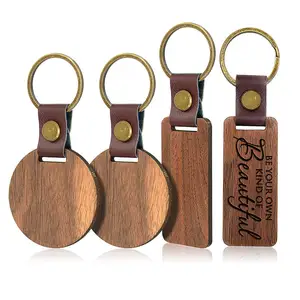 Cadeaux écologiques logo gravé personnalisé porte-clés en bois en bois uni cuir
