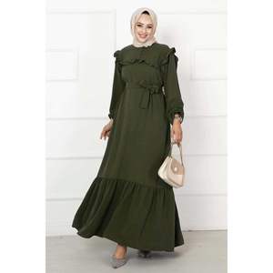 Robe décontractée aérobine kaki demi-boutonnée à volants - Product Image 4